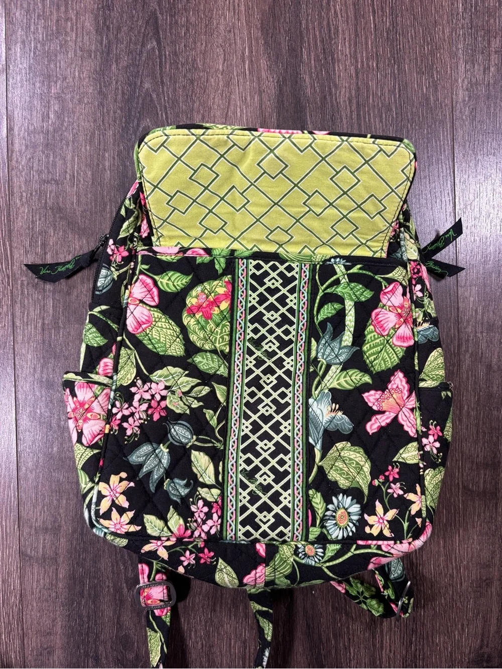 Vera Bradley Black Floral Quilted Backpack with Pink and Green Accents